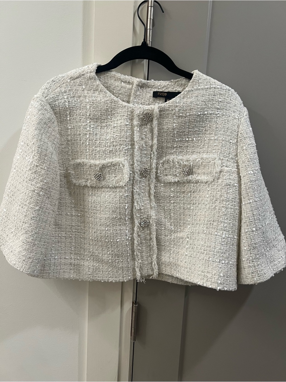 Maje Ivory Bouclé top  with Crystal Buttons
